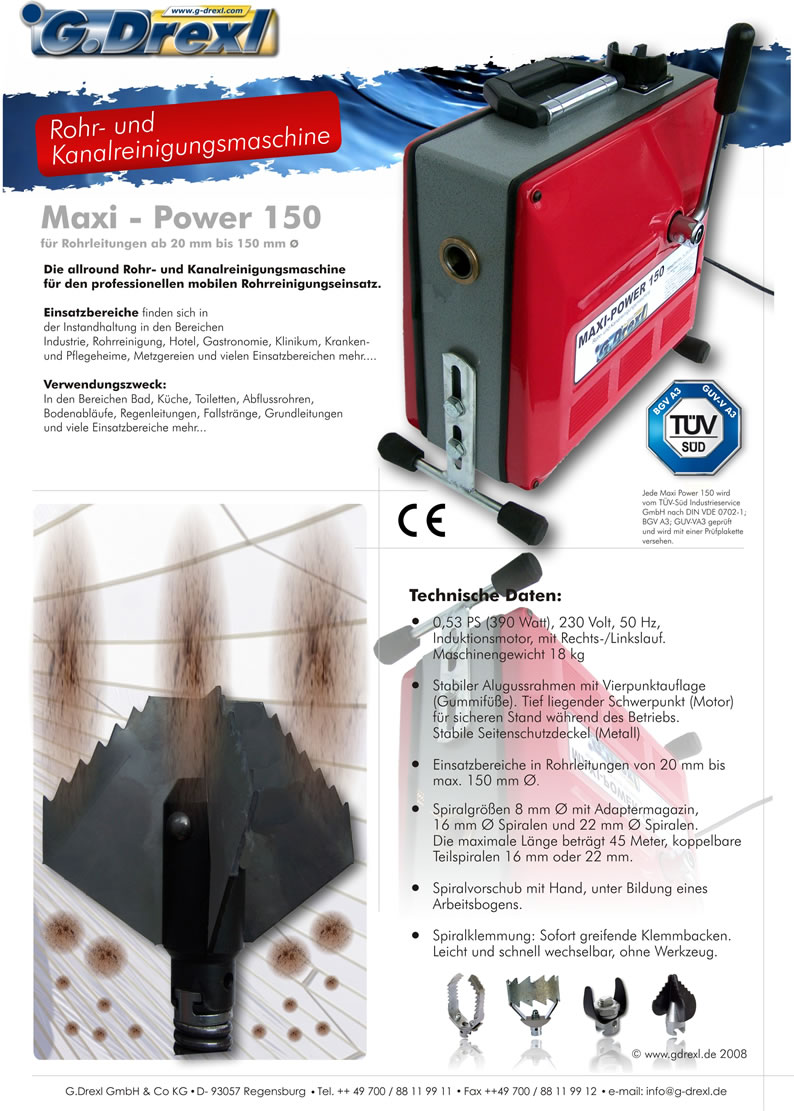 Wir bieten Rohrreinigungsmaschine Maxi Power 150 mit TV zum spitzen Preis und super Qualitt. Unter 0800 200 66 77 beraten wir Sie gerne kostenlos.